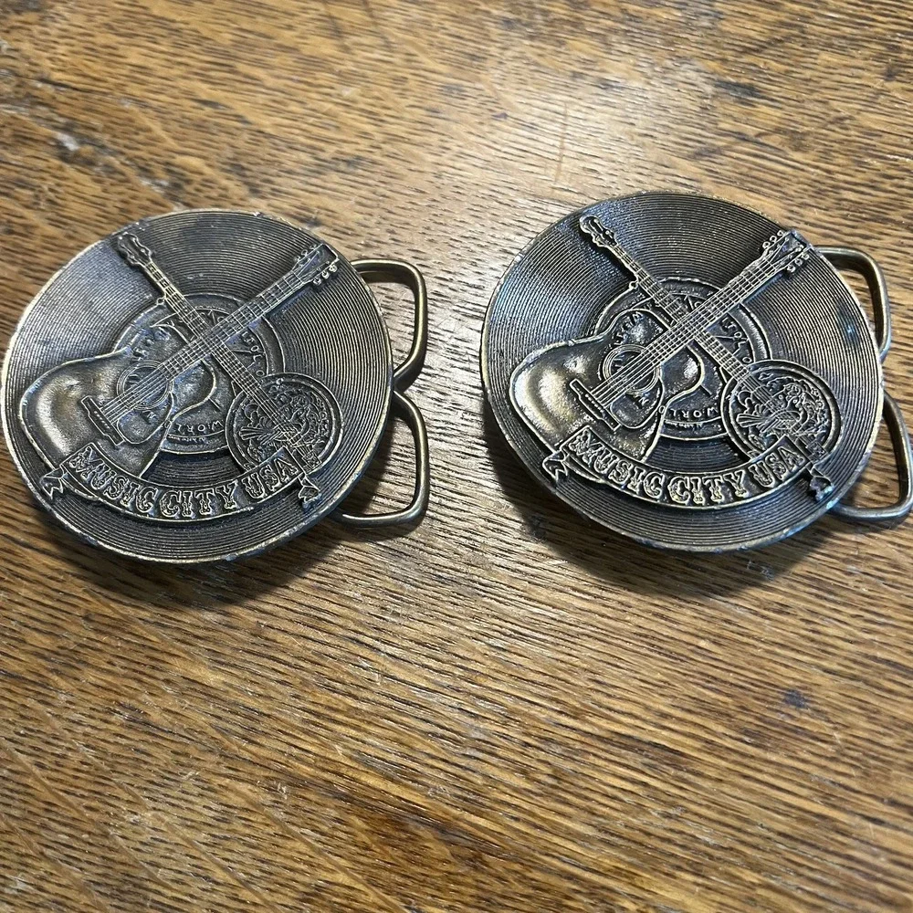 Lot of 2 VTG 1974 Bergamot Brass Belt Buckle-Jimm Watson-Guitar/Record/Banjo